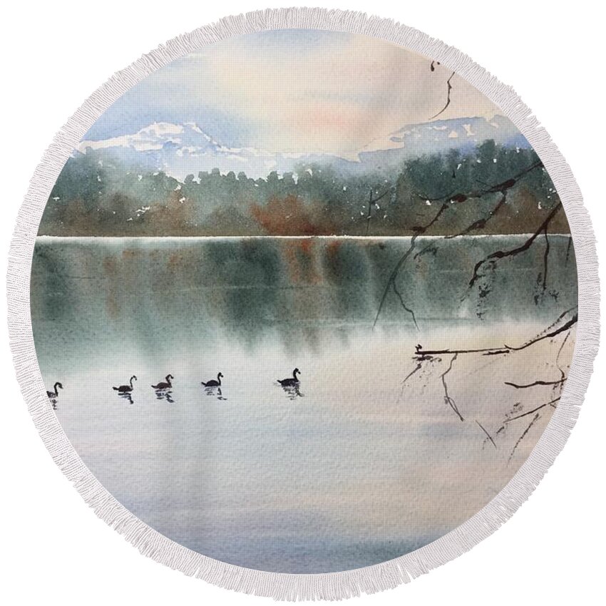 Lost Lagoon Vancouver Watercolor Painting Round Beach Towel featuring the painting Lost Lagoon Evening by Watercolor Meditations