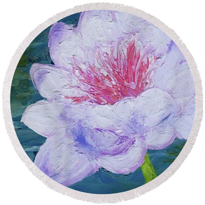 Barrieloustark Round Beach Towel featuring the painting Lotus At NOLA Art Museum Fountain by Barrie Stark