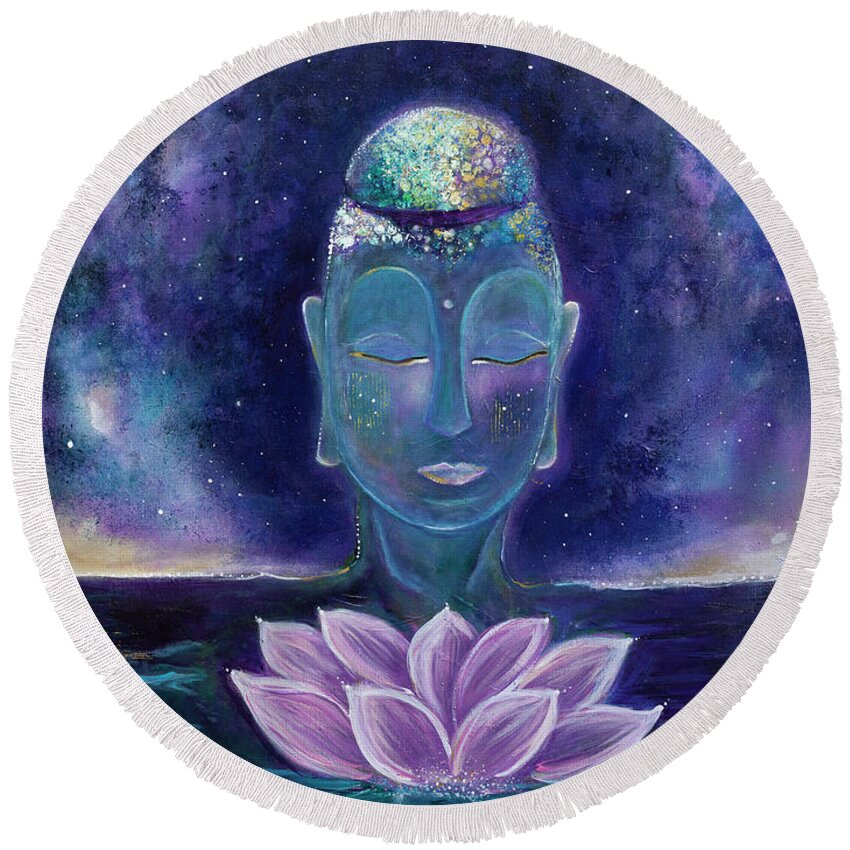 Buddha Round Beach Towel featuring the painting Lotus Dream by Lily Nava-Nicholson