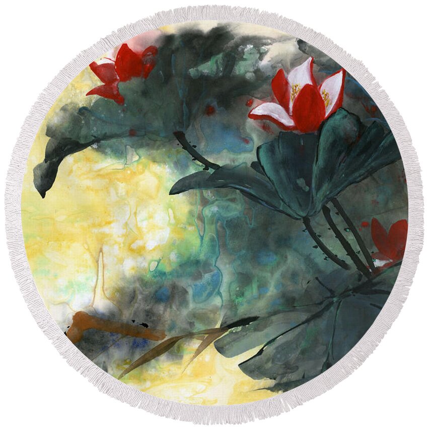 Lotus Round Beach Towel featuring the painting Lotus Dreams by Charlene Fuhrman-Schulz
