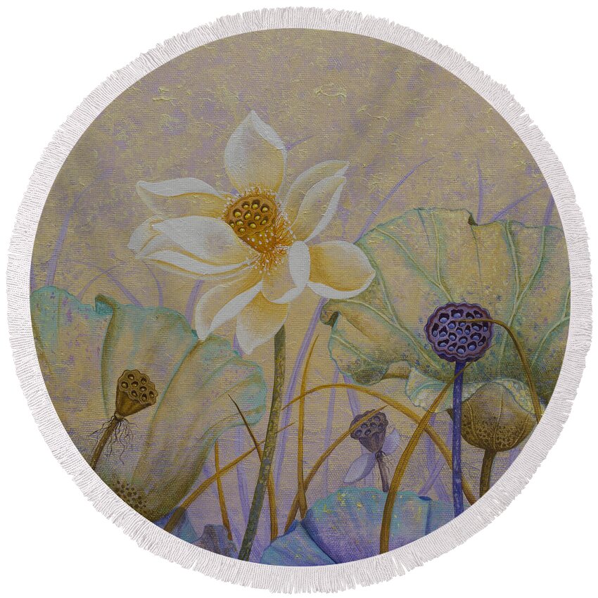 Lotus Round Beach Towel featuring the painting Lotus. Morning glory by Yuliya Glavnaya