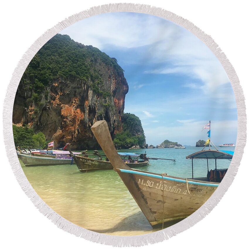 Thailand Round Beach Towel featuring the photograph Lounging Longboats by Ell Wills