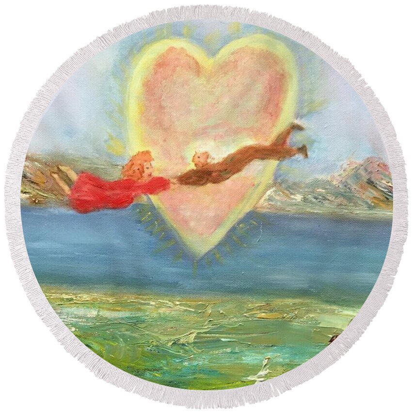 Couple Round Beach Towel featuring the painting Love Across The Waters by Lessandra Grimley