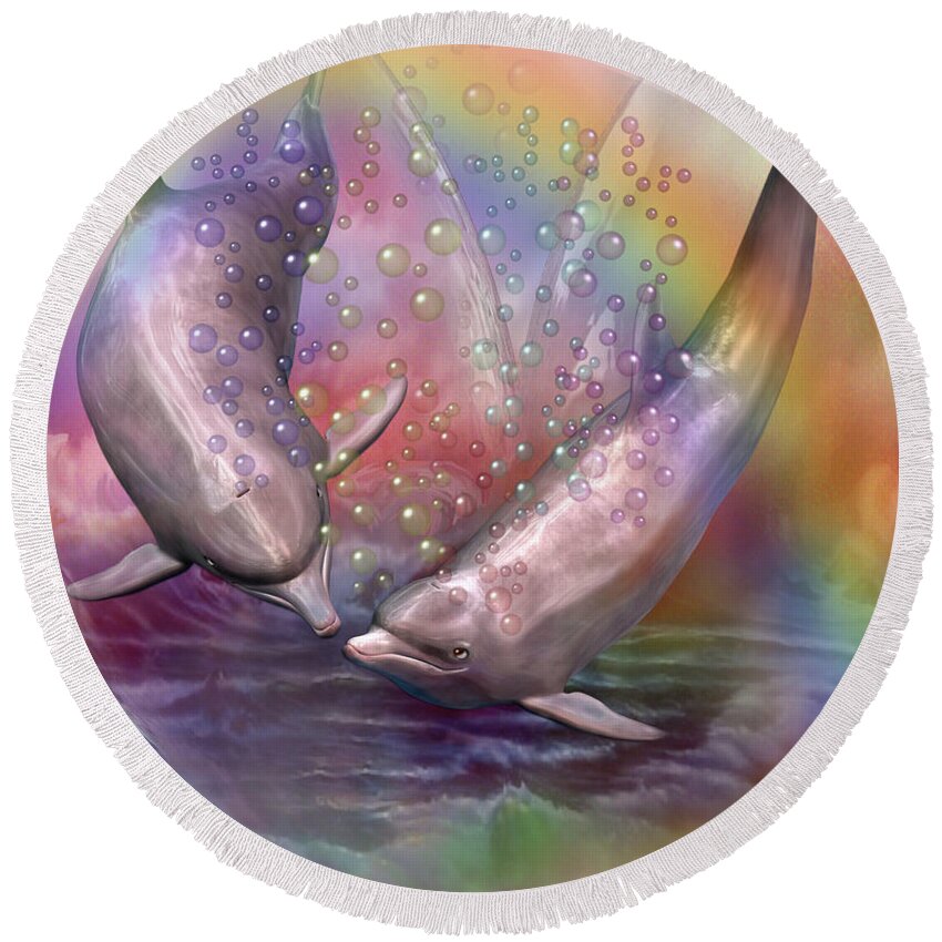 Dolphin Round Beach Towel featuring the mixed media Love Bubbles by Carol Cavalaris