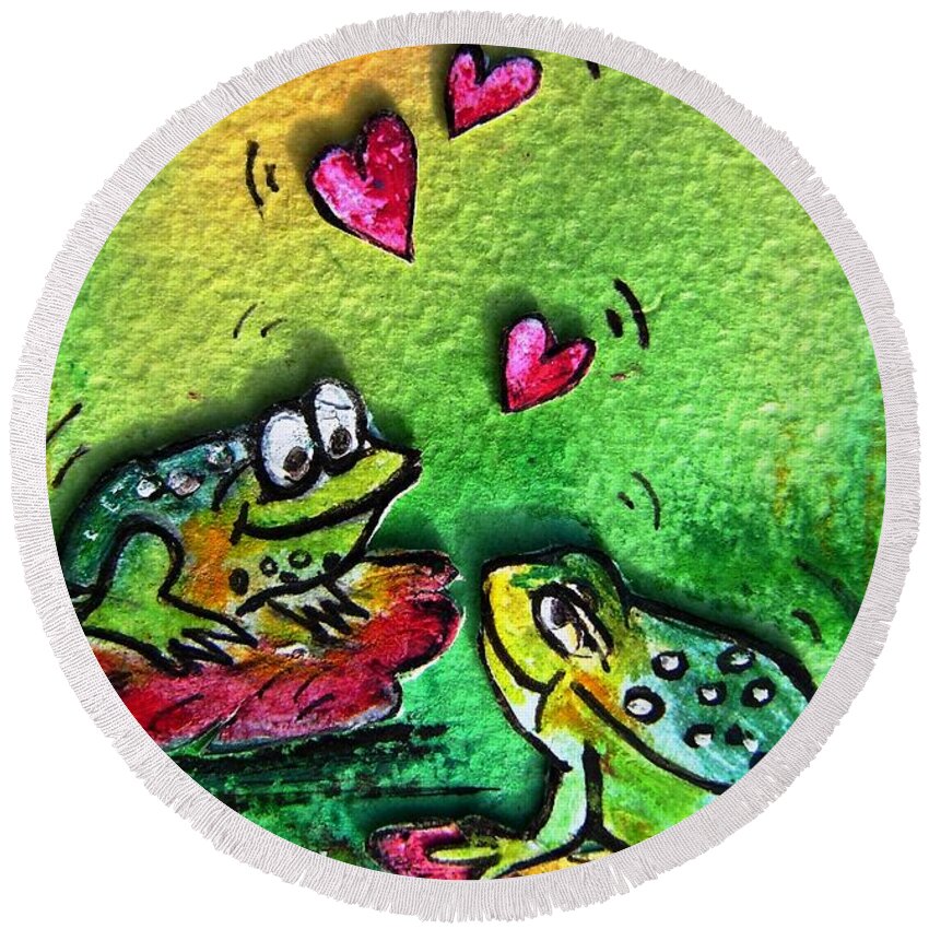 Frogs Round Beach Towel featuring the painting Love Frogs by Mary Cahalan Lee - aka PIXI