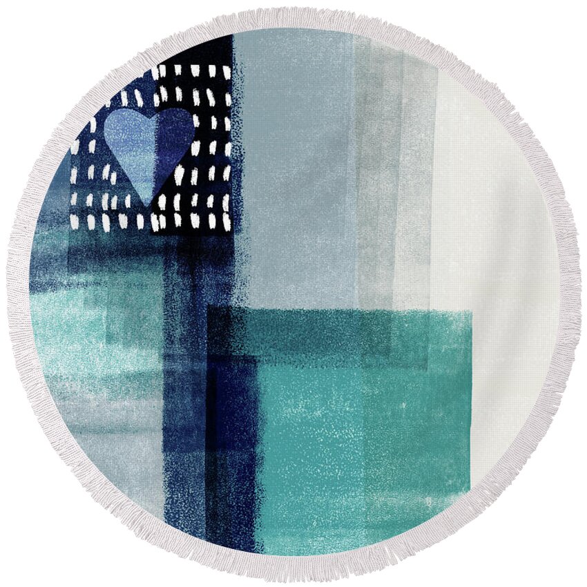 Minimal Round Beach Towel featuring the mixed media Love In Shades Of Blue- Abstract Art by Linda Woods by Linda Woods
