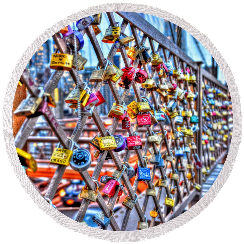 Love Locks Round Beach Towel featuring the photograph Love Locks on the Brooklyn Bridge Too by Randy Aveille