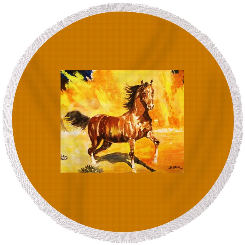 Horse Round Beach Towel featuring the painting Lone Mustang by Al Brown