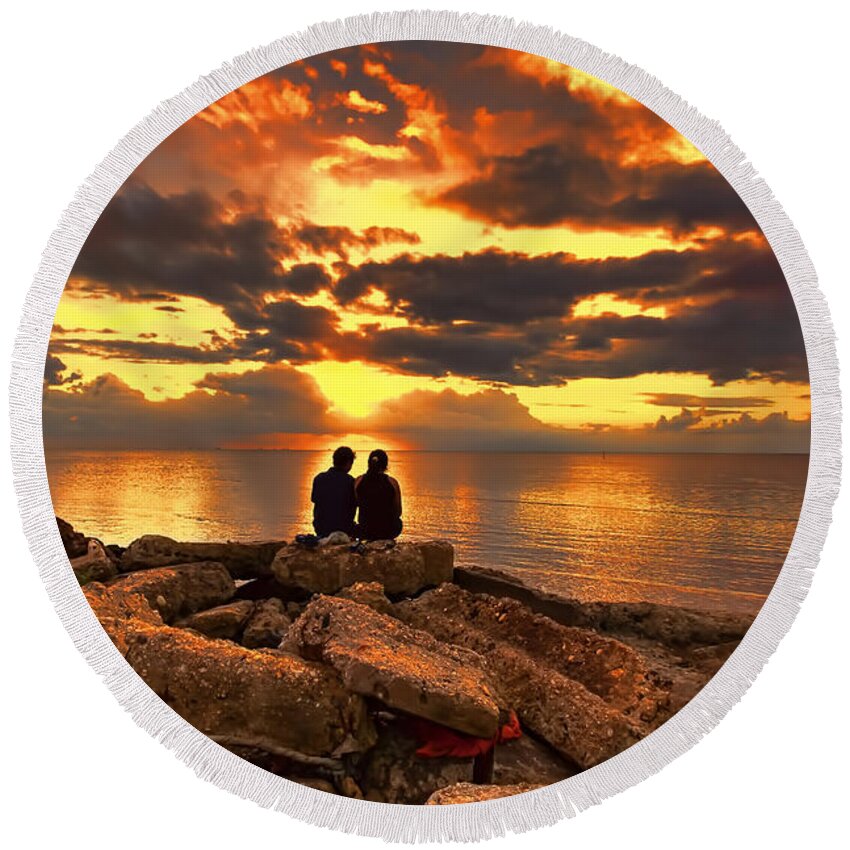 Sunset Round Beach Towel featuring the photograph Love On The Rocks by Nadia Sanowar