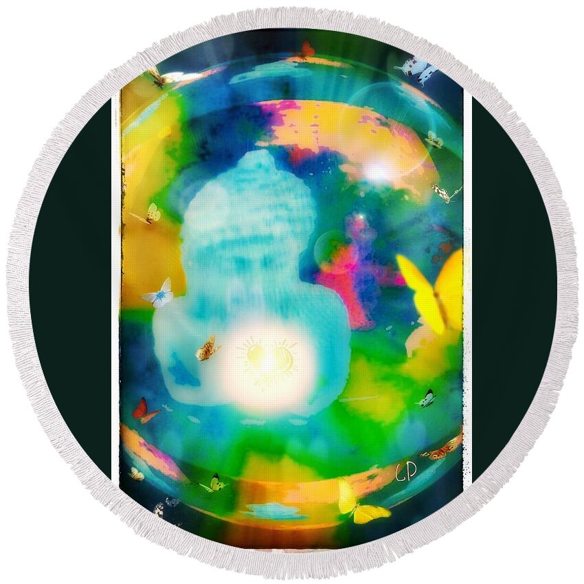 Love Round Beach Towel featuring the mixed media Love, Peace and Harmony by Christine Paris