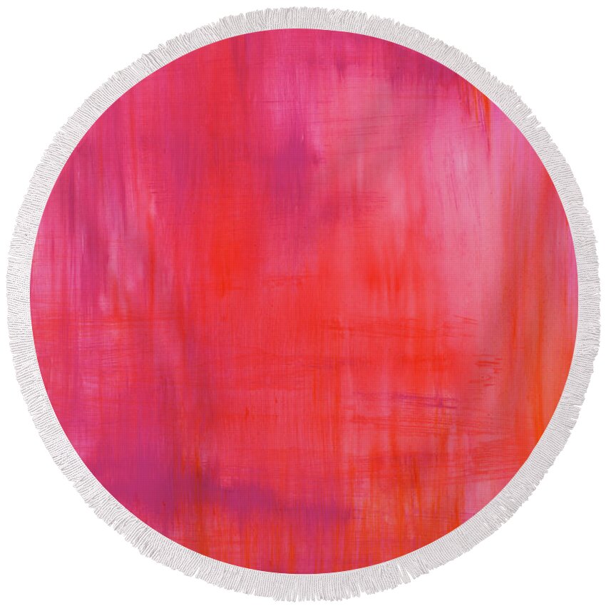Pink Round Beach Towel featuring the painting Love Starts Here by Angela Bushman