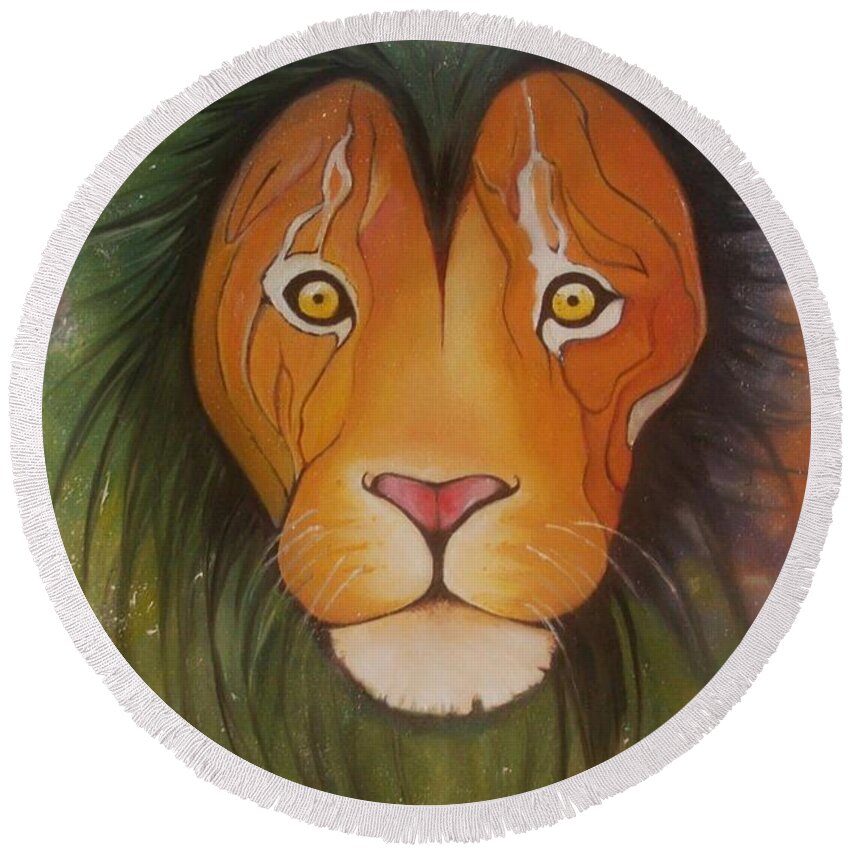 #lion #oilpainting #animal #colorful Round Beach Towel featuring the painting LovelyLion by Anne Sue