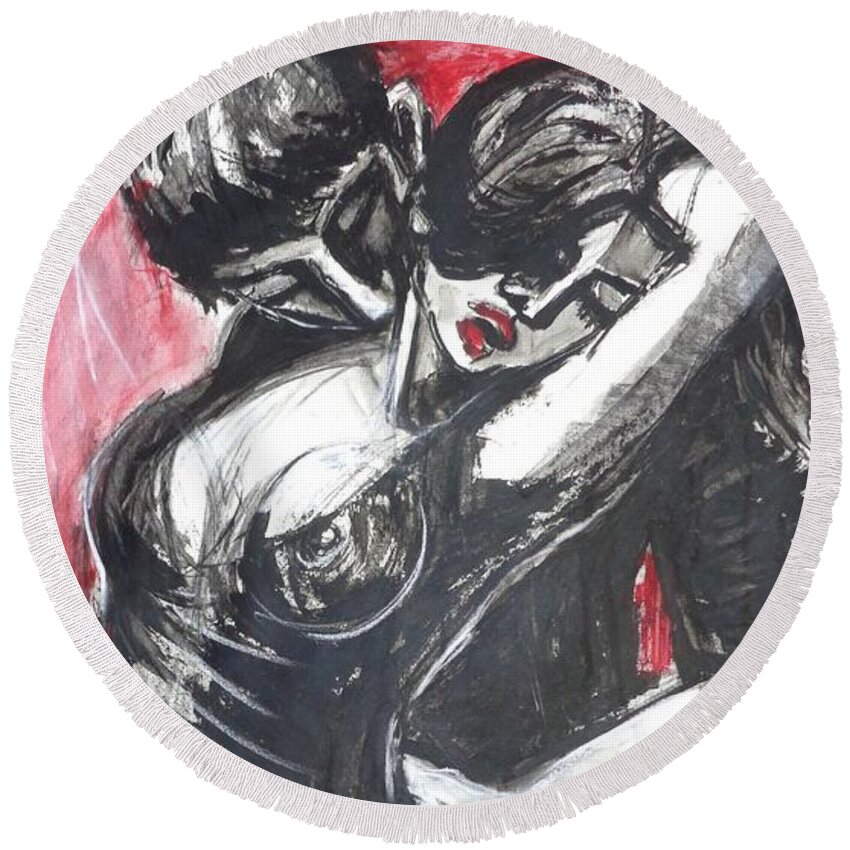 Couple In Love Round Beach Towel featuring the painting Lovers - Dance Of Passion 2 by Carmen Tyrrell