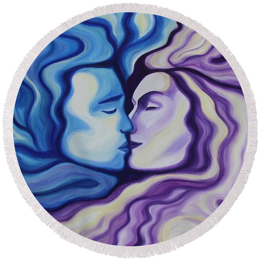 Acrylic Round Beach Towel featuring the painting Lovers in Eternal Kiss by Jindra Noewi