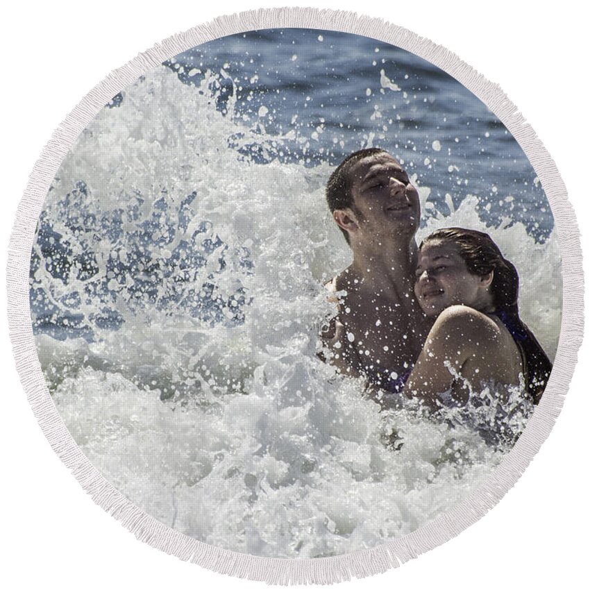 Original Round Beach Towel featuring the photograph Lovers in the Surf by WAZgriffin Digital