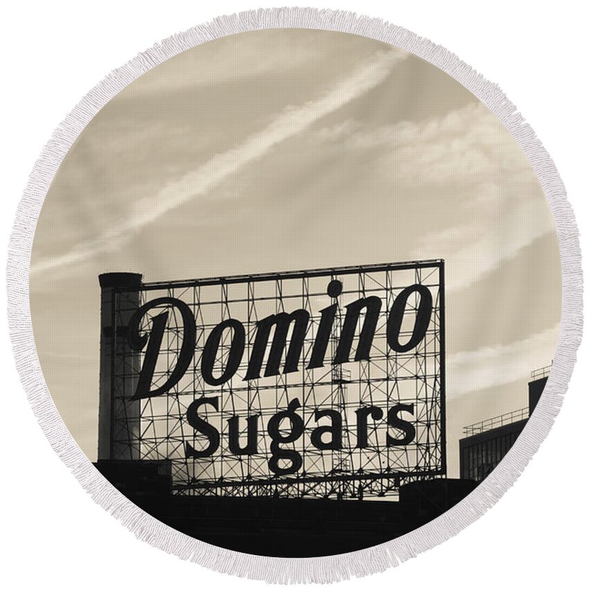 Photography Round Beach Towel featuring the photograph Low Angle View Of Domino Sugar Sign by Panoramic Images