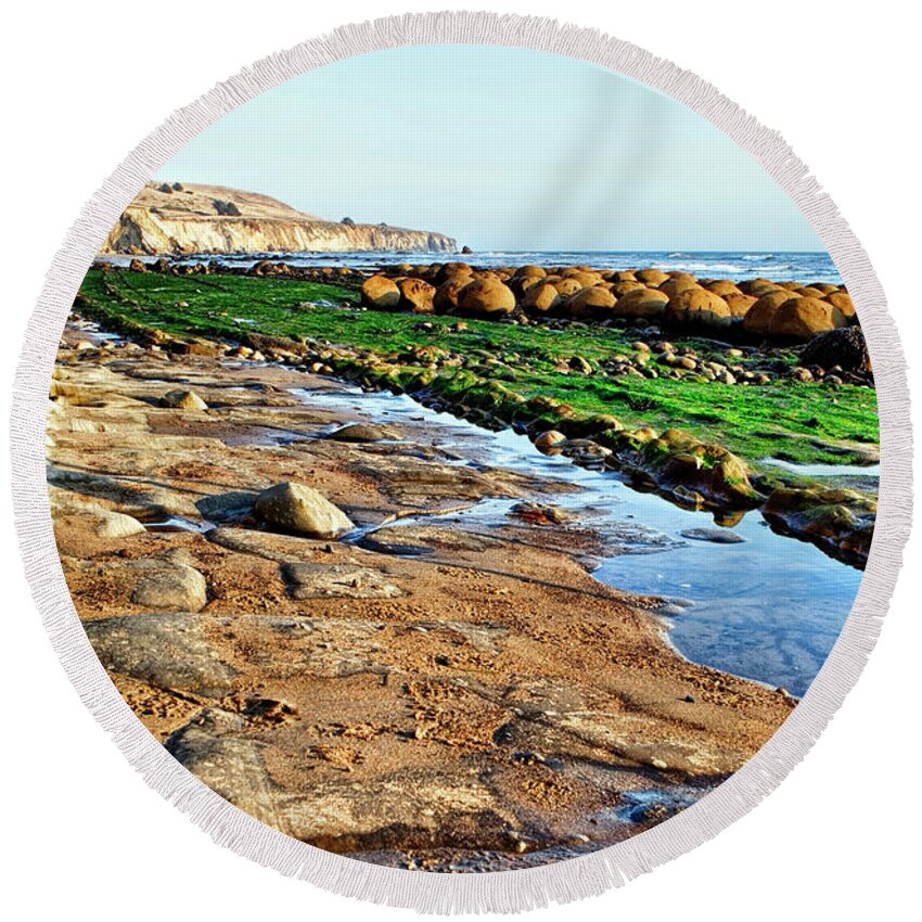 Bowling Ball Beach Round Beach Towel featuring the photograph Low Tide At Bowling Ball Beach by Her Arts Desire