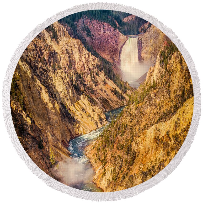 Flowing Round Beach Towel featuring the photograph Lower Falls - Yellowstone by Rikk Flohr