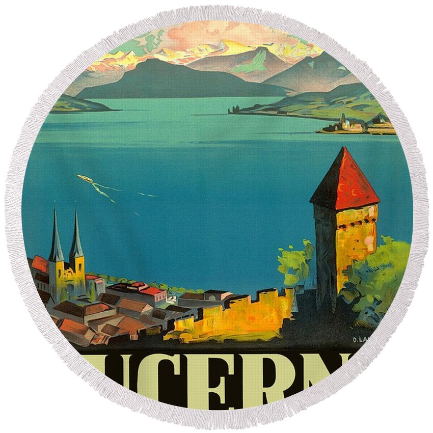 Lucerne Round Beach Towel featuring the painting Lucerne and its lovely lake by Long Shot