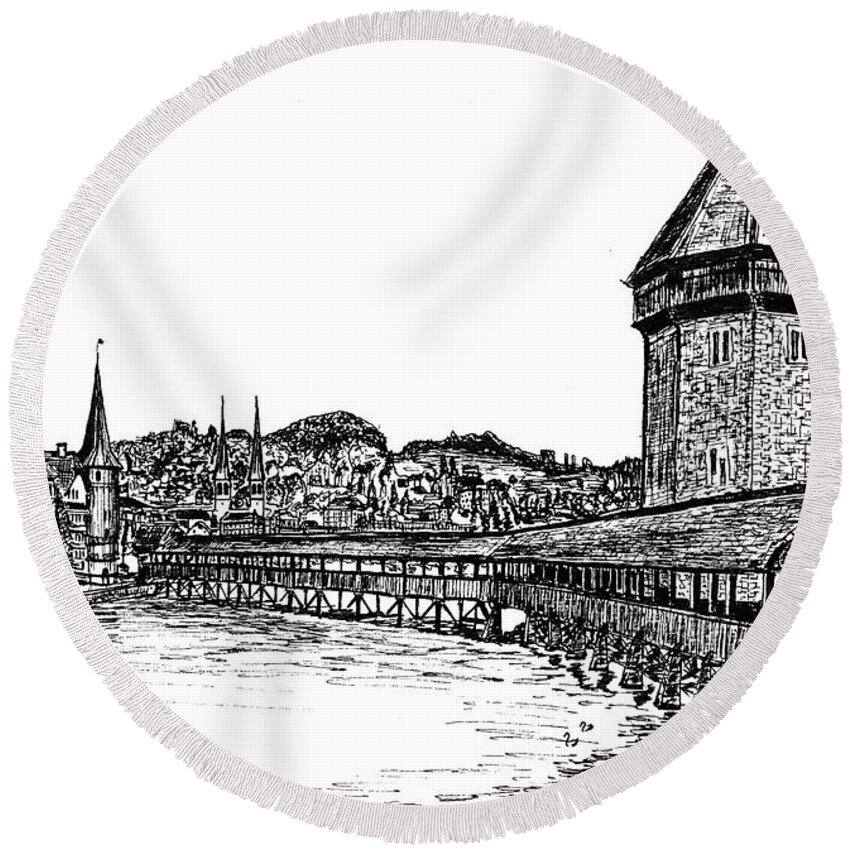 Lucerne Round Beach Towel featuring the drawing Lucerne by Frank SantAgata
