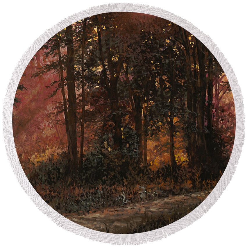 Wood Round Beach Towel featuring the painting Luci Rosa Nel Bosco by Guido Borelli
