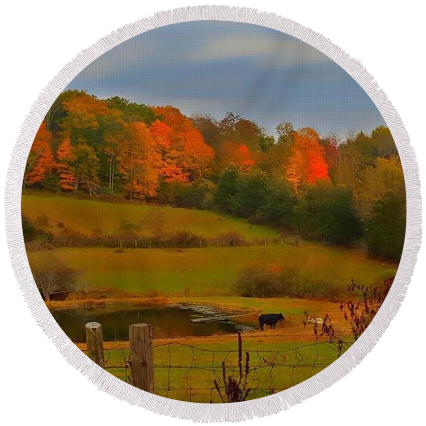 Autumn Round Beach Towel featuring the photograph Lucky Cow by Dani McEvoy