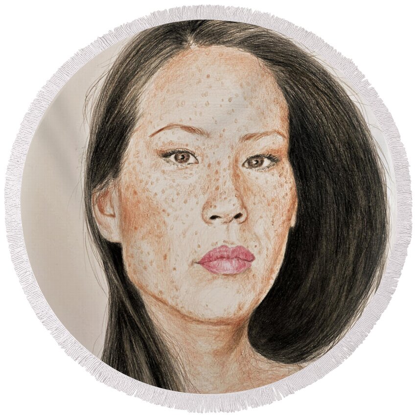 Lucy Liu Round Beach Towel featuring the drawing Lucy Liu Freckled Beauty I by Jim Fitzpatrick
