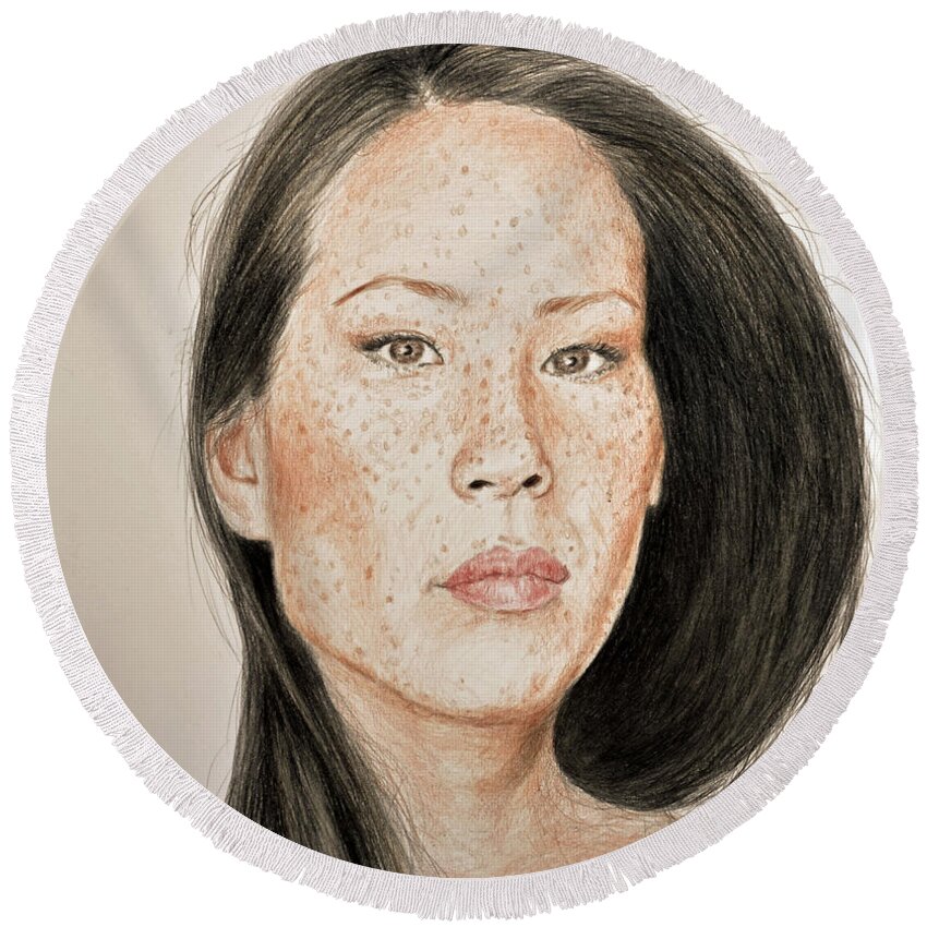 Lucy Liu Round Beach Towel featuring the drawing Lucy Liu Freckled Beauty by Jim Fitzpatrick