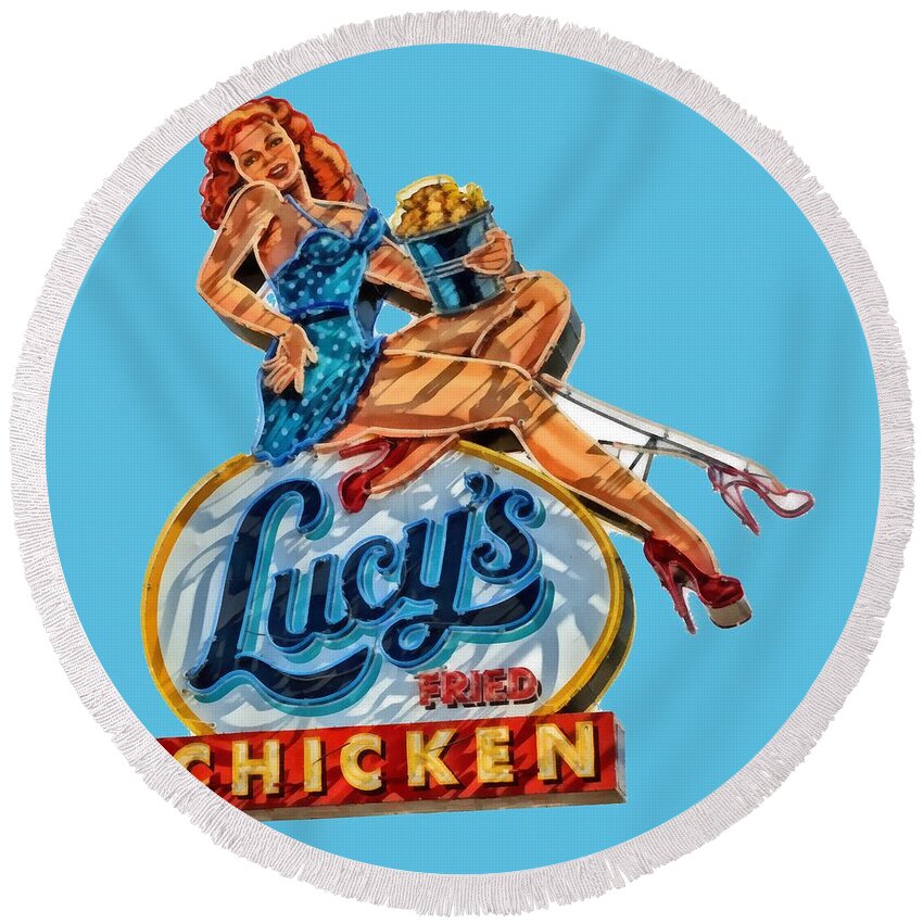 Lucy Round Beach Towel featuring the digital art Lucys Fried Chicken tee by Edward Fielding