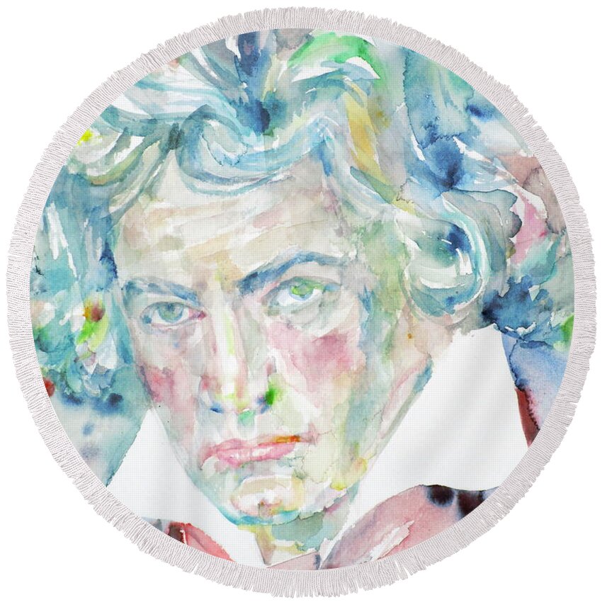 Beethoven Round Beach Towel featuring the painting LUDWIG VAN BEETHOVEN - watercolor portrait by Fabrizio Cassetta