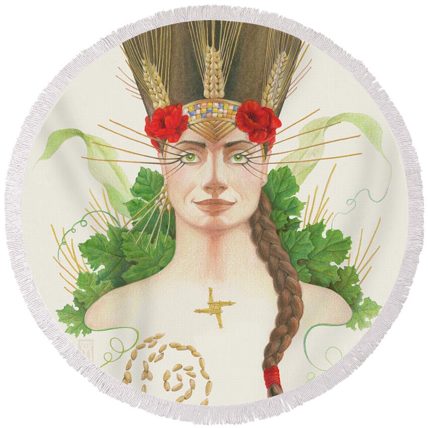 Pagan Art Prints Round Beach Towel featuring the mixed media Lughnasadh Goddess Portrait by Melissa A Benson