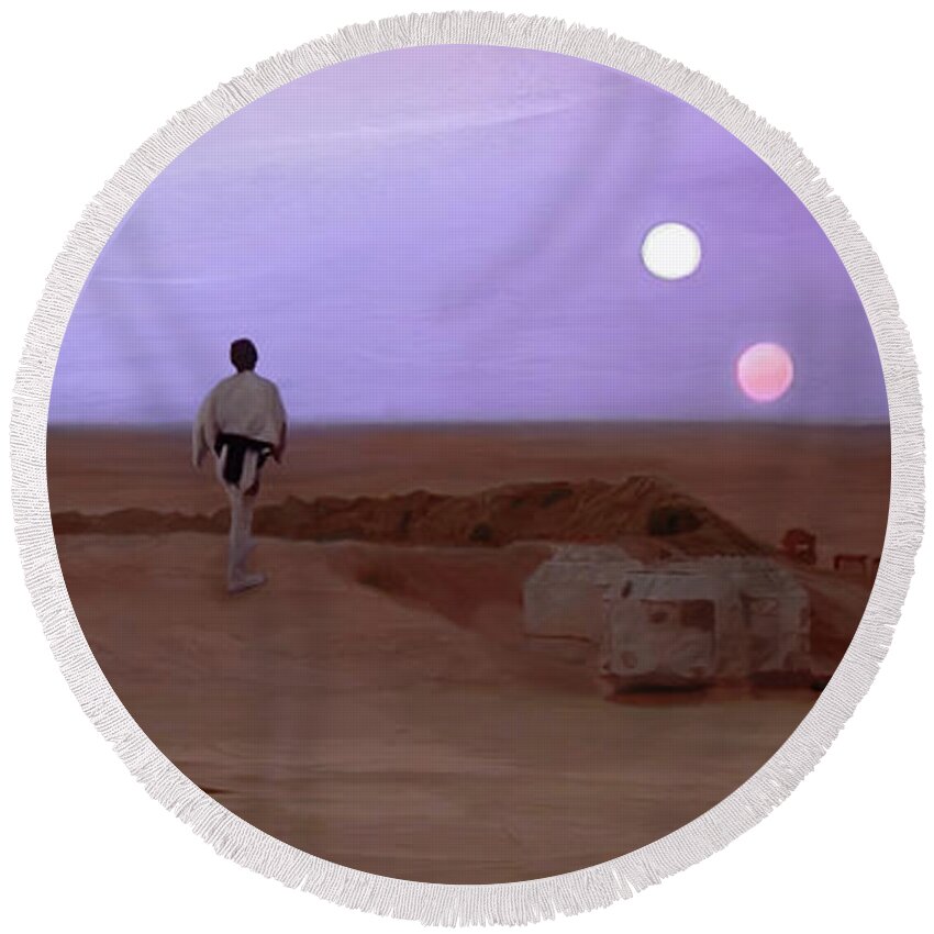 Tatooine Round Beach Towel featuring the mixed media Luke Skywalker Tatooine Sunset by Mitch Boyce