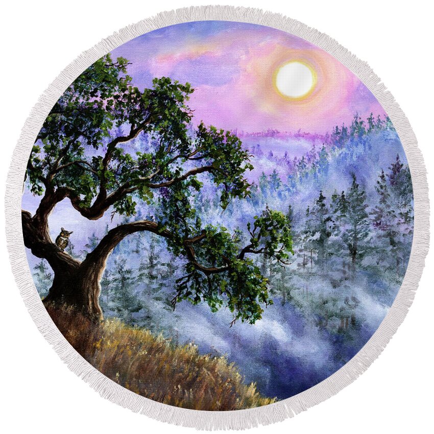 Owl Round Beach Towel featuring the painting Luna in Mist and Fog by Laura Iverson