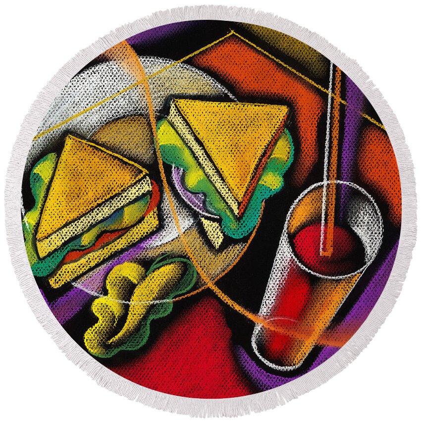 Bowl Close Up Color Image Concept Convenience Dinner Food And Drink Fork Grape Hamburger Illustration Illustration And Painting Lunch Macaroni Macaroni And Cheese Nobody Sandwich Square Image Still Life Variety Assortment Bread Close-up Color Colour Cutlery Drawing Food Fruit Ground Beef Meal Mince Pasta Square Still-life Abstract Painting Decorative Art Round Beach Towel featuring the painting Lunch by Leon Zernitsky