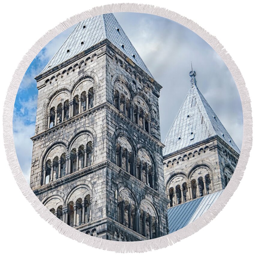 Lund Round Beach Towel featuring the photograph Lund Cathedral in Sweden by Antony McAulay