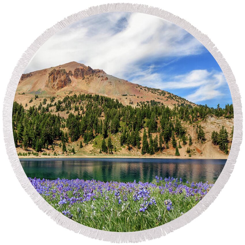 Mount Lassen Round Beach Towel featuring the photograph Lupines Lake And Lassen by James Eddy