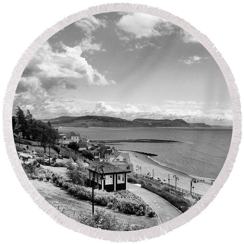 Blackandwhitephotography Round Beach Towel featuring the photograph Lyme Regis And Lyme Bay, Dorset by John Edwards
