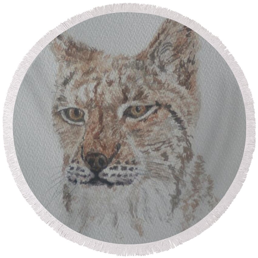 Cushion Round Beach Towel featuring the painting Lynx Portrait by David Capon