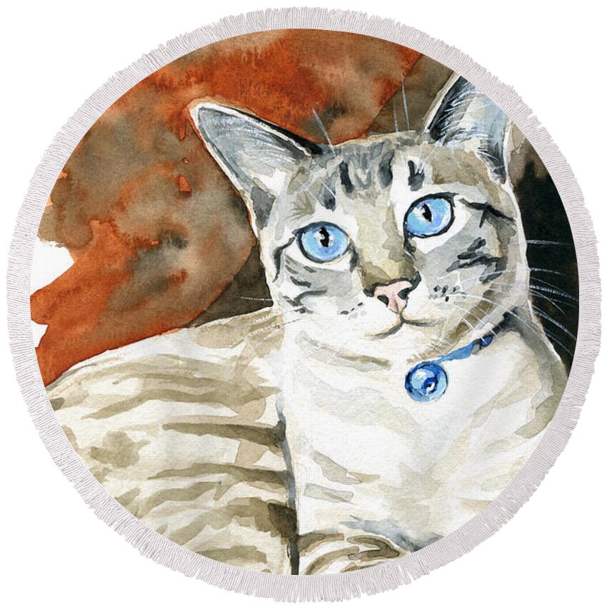 Lynx Point Siamese Round Beach Towel featuring the painting Lynx Point Siamese Cat Painting by Dora Hathazi Mendes