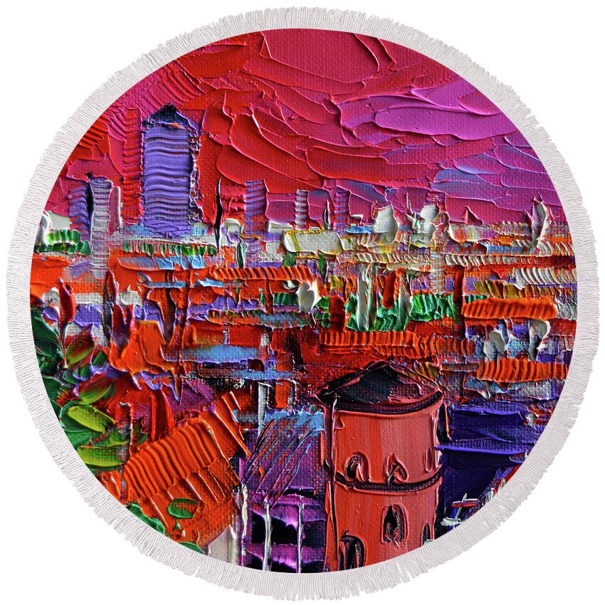 Lyon View In Pink Round Beach Towel featuring the painting Lyon View In Pink by Mona Edulesco
