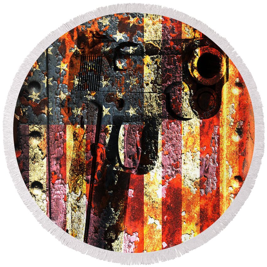 American Round Beach Towel featuring the digital art M1911 Silhouette On Rusted American Flag by M L C