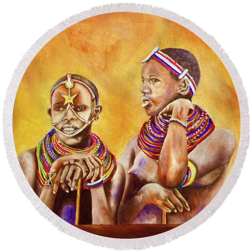 African Art Round Beach Towel featuring the painting Maasai Legends by Richard Kimemia