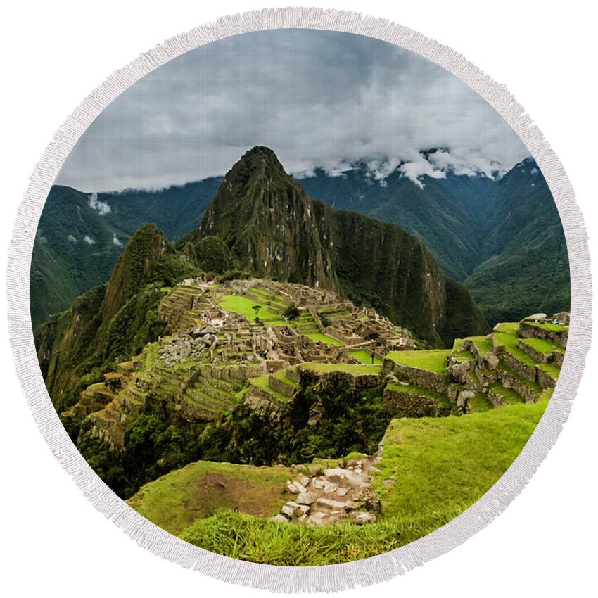 Peru Round Beach Towel featuring the photograph Machu Picchu #1 by John Roach