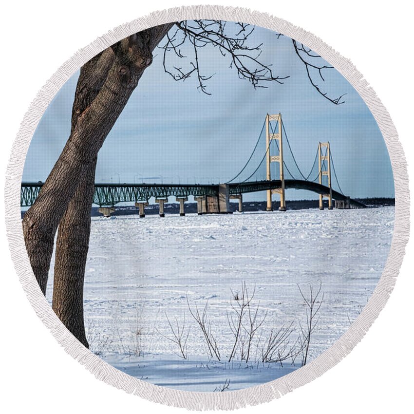 Art Round Beach Towel featuring the photograph Mackinaw Bridge by the Straits of Mackinac in Winter by Randall Nyhof