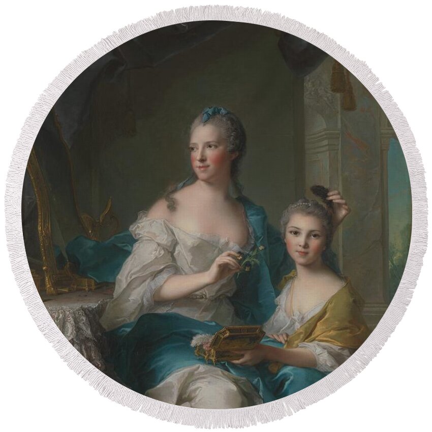 Jean Marc Nattier (french Round Beach Towel featuring the painting Madame Marsoler with daughter by MotionAge Designs
