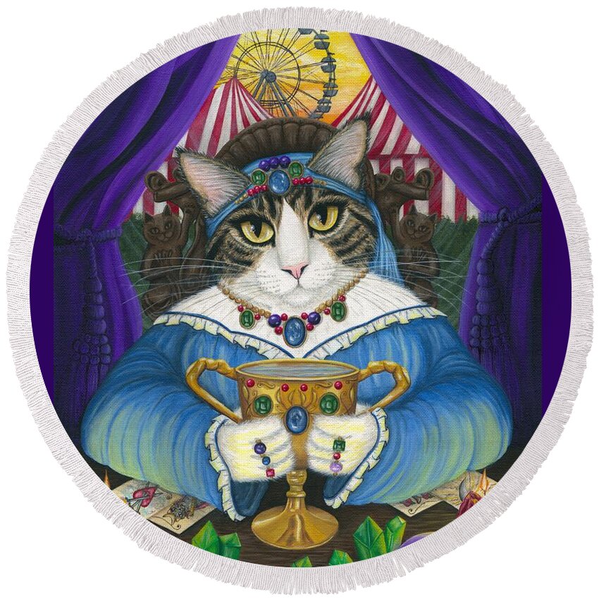 Fortune Teller Cat Round Beach Towel featuring the painting Madame Zoe Teller of Fortunes - Queen of Cups Cat by Carrie Hawks