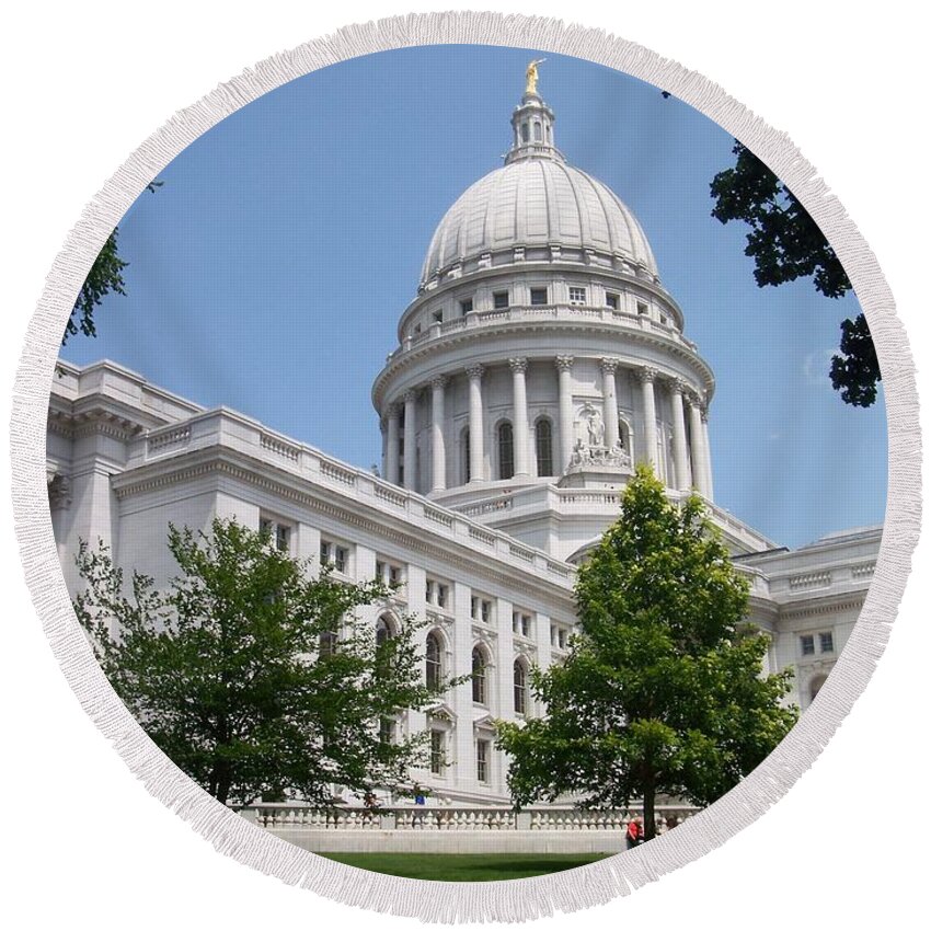 Madison Round Beach Towel featuring the photograph Madison WI State Capitol by Anita Burgermeister