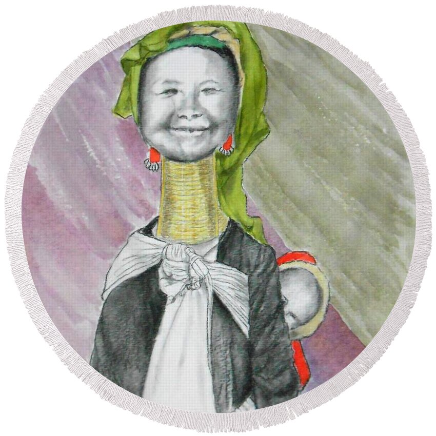 Burma Round Beach Towel featuring the painting Madonna and Child -- Whimsical Portrait of Asian Woman and Child by Jayne Somogy
