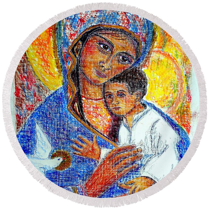Virgin Mary Round Beach Towel featuring the painting Madonna and Child by Sarah Hornsby