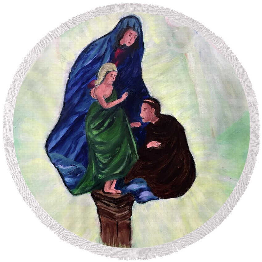 Madonna Jesus St Anthony Religious Angels Blue Green Light Round Beach Towel featuring the painting Madonna and Child with St Anthony by Lucille Valentino